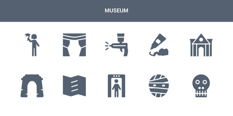 10 museum vector icons such as anthropology, mummy, metal detector, trifold, arc contains museum building, acrylic, airbrush, curtain, excursion. museum icons