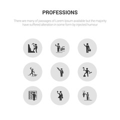 9 round vector icons such as journalist, lawyer, librarian, lumberjack, mafia contains maid, manager, mechanic, miner. journalist, lawyer, icon3_, gray professions icons