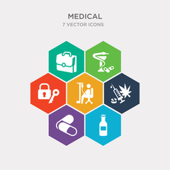 simple set of japanese medicine bottle, remedy, illegal, chair with wheels icons, contains such as icons lock and key, pharmacy cross, medic suitcase and more. 64x64 pixel perfect. infographics