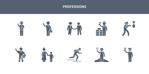 10 professions vector icons such as actor, archeologist, athlete, baby sitter, basketball player contains boxer, builder, hr specialist, businessman, butler. professions icons