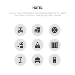 9 round vector icons such as door hanger, double bed, eating utensils, elevator, exit contains extinguisher, five stars, food, free wifi. door hanger, double bed, icon3_, gray hotel icons