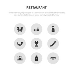 9 round vector icons such as sandwich, sauces, sauna, sausage, servant contains shrimp, single bed, skewer, slippers. sandwich, sauces, icon3_, gray restaurant icons