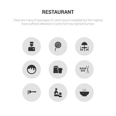 9 round vector icons such as soup, spa, spaghetti, sushi, take away contains takoyaki, terrace, toilet paper, valet. soup, spa, icon3_, gray restaurant icons