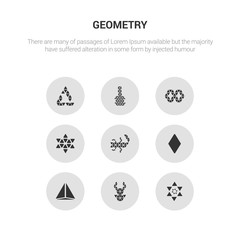 9 round vector icons such as polygonal ornament of hexagons and triangles, polygonal ornamental shape of triangles, polygonal pyramid of triangles, rhomb, scorpion contains star six points, synergy