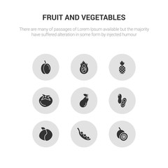 9 round vector icons such as passion fruit, pea, peach, peanut, pear contains persimmon, pineapple, pitaya, plum. passion fruit, pea, icon3_, gray fruit and vegetables icons