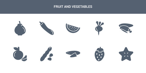 10 fruit and vegetables vector icons such as star fruit, strawberry, sweet potato, tamarind, tangerine contains tuber, turnip, watermelon, zucchini, quince. fruit and vegetables icons