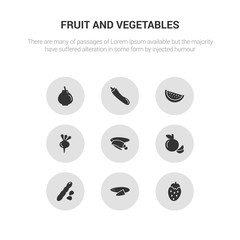 9 round vector icons such as strawberry, sweet potato, tamarind, tangerine, tuber contains turnip, watermelon, zucchini, quince. strawberry, sweet potato, icon3_, gray fruit and vegetables icons