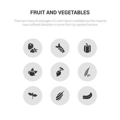 9 round vector icons such as banana, shallots, basil, beans, beet contains beetroot, bell pepper, berries, blackberry. banana, shallots, icon3_, gray fruit and vegetables icons