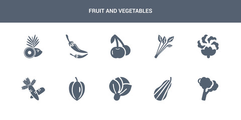 10 fruit and vegetables vector icons such as broccoli, butternut squash, cabbage, carambola, carrots contains cauliflower, celery, cherries, chili, coconut. fruit and vegetables icons - obrazy, fototapety, plakaty