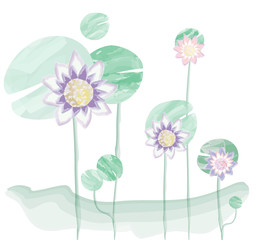 Purple-pink lotus on lotus leaf, watercolor brush vector illustration