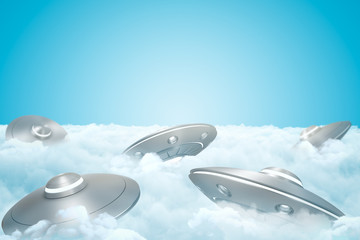 Fototapeta premium 3d rendering of set of UFOs on thick layer of white fluffy clouds with blue sky above.