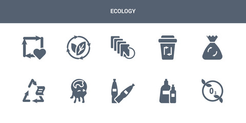 10 ecology vector icons such as ozone layer, plastic, plastic bottle, pollution, recyclable contains recycle bag, recycle bin, recycled paper, renewable, reuse. ecology icons