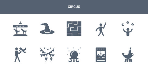 10 circus vector icons such as circus seal, claw machine, crystal ball, decoration, fire eater man contains juggler, knife throwing, labyrinth, magic hat, merry go round. circus icons