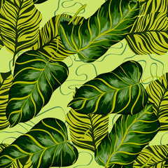 Tropical leaves realistic seamless pattern. Banana leaf and palm tree. Hawaiian exotic background with tropical plants.