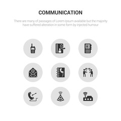 9 round vector icons such as wifi, , incoming call, quarrel, contact contains emails, voice recorder, contacts, transmitter. wifi, icon3_, gray communication