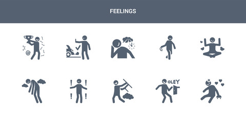 10 feelings vector icons such as lovely human, lucky human, mad human, meh miserable contains motivated nervous nostalgic ok old feelings icons