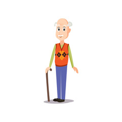 Fototapeta premium Cute smiling old man in nice clothes stay in stick