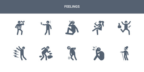 Naklejka premium 10 feelings vector icons such as optimistic human, overwhelmed human, pained human, pissed pissed off contains positive pretty proud pumped ready feelings icons