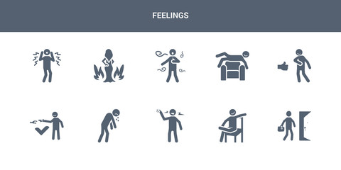 10 feelings vector icons such as refreshed human, relaxed human, relieved human, rough sad contains safe satisfied sca sexy shocked feelings icons