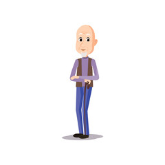 Bald old senior man with blue jeans stay