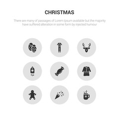 9 round vector icons such as cocoa, confetti, cookie, costume, cracker contains cuckoo clock, deer, deer costume, easter egg. cocoa, confetti, icon3_, gray christmas icons
