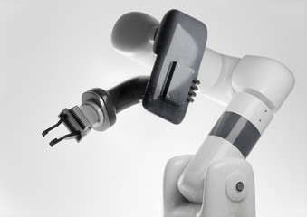 A modern looking programmable robotic arm for use in automatic manufacturing production. Generic robot 3D illustration.