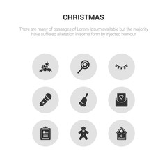 9 round vector icons such as gingerbread house, gingerbread man, guest list, invitation, jingle bell contains karaoke, lights, lollipop, mistletoe. gingerbread house, man, icon3_, gray christmas