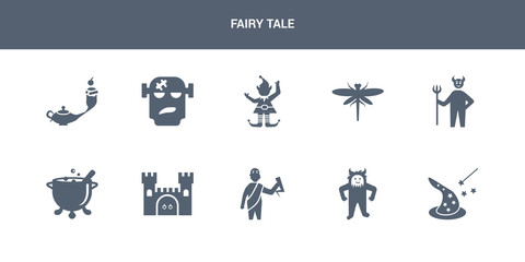 10 fairy tale vector icons such as wizard, yeti, zeus, castle, cauldron contains devil, dragonfly, elf, frankenstein, genie. fairy tale icons