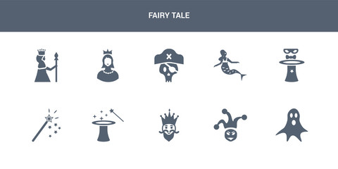 Obraz premium 10 fairy tale vector icons such as ghost, joker, king, magic, magic wand contains magician, mermaid, pirate, princess, queen. fairy tale icons