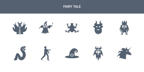 10 fairy tale vector icons such as unicorn, viking, witch hat, zombie, rapunzel contains dwarf, beast, toad, fairy godmother, myth. fairy tale icons
