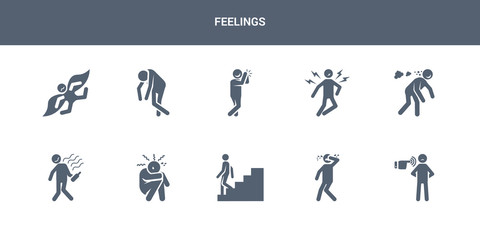 10 feelings vector icons such as depressed human, determined human, disappointed human, down drained contains drunk ecstatic emotional energized excited feelings icons