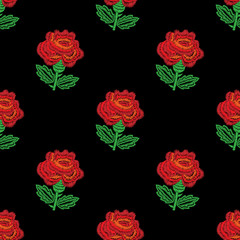 Embroidery seamless pattern with red rose embroidery stitches imitation