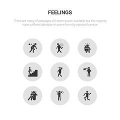 9 round vector icons such as crappy human, crazy human, curious human, depressed determined contains disappointed down drained drunk crappy crazy icon3_, gray feelings icons