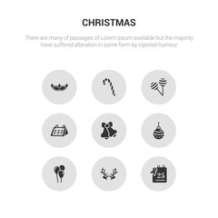 9 round vector icons such as 25-dec, antlers, balloons, bauble, bells contains calendar, candy, candy canes, carnival mask. 25-dec, antlers, icon3_, gray christmas icons