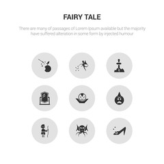 Fototapeta na wymiar 9 round vector icons such as cinderella shoe, cthulhu, curupira, cyclops, dracula contains enchanted mirror, excalibur, fairy, fairy tale. cinderella shoe, cthulhu, icon3_, gray fairy tale icons