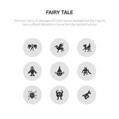 9 round vector icons such as fanfare, faun, female medusa, giant, goblin contains golem, griffin, gryphon, harpy. fanfare, faun, icon3_, gray fairy tale icons