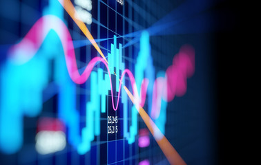 Complex Stock Market Candlestick Chart. Business economy and financial background. 3D illustration.