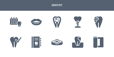 10 dentist vector icons such as gauze, gum, headlamp, health report, healthy tooth contains holed tooth, implant fixture, inner tooth, lips, medical appointment. dentist icons