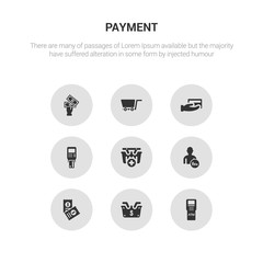 9 round vector icons such as atm machine, basket, bills, broker, buy contains card machine, card payment, cart, cash. atm machine, basket, icon3_, gray payment icons