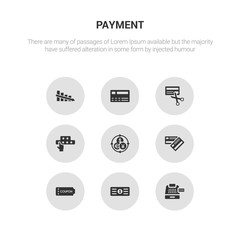 9 round vector icons such as cash register, cheque, coupon, cit card, currency contains customer review, cut card, cit card, decrease. cash register, cheque, icon3_, gray payment icons