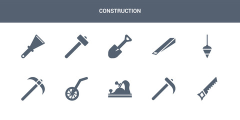 10 construction vector icons such as hand saw, hoe, jack plane, measuring wheel, pick axe contains plumb bob, wedge tool, spade tool, sledge hammer, scratcher tool. construction icons