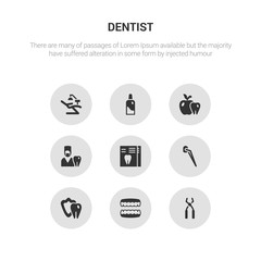 9 round vector icons such as dental probe, dental prosthesis, dental protection, veneer, x ray contains dentist, dentist apple, dentist bottle with liquid, chair. probe, prosthesis, icon3_, gray