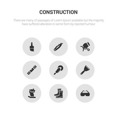 9 round vector icons such as safety glasses, rubber boots, rammer, putty knife, polishers contains plumb rule tool, cement mixers, retractable trimming knife, builder brush. safety glasses, rubber