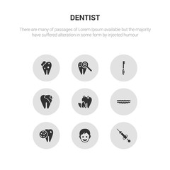 9 round vector icons such as anesthesia, baby dental, bacteria in mouth, braces, breath contains broken tooth, brushing teeth, caries, cavities. anesthesia, baby dental, icon3_, gray dentist icons