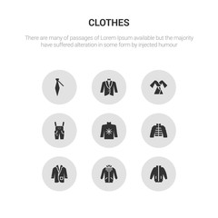 9 round vector icons such as windbreaker, jogging jacket, suit jacket, puffer jacket, fleece contains dungarees, dressing gown, dinner cravat. windbreaker, jogging icon3_, gray clothes icons