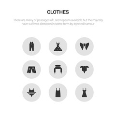 9 round vector icons such as chemise, camisole, bra & knicker, baby grow, ushanka contains swim shorts, butterfly tie, vintage dress, baby clothes. chemise, camisole, icon3_, gray clothes icons