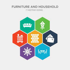 Fototapeta premium simple set of dinner table, wall clock, pillows, floor icons, contains such as icons night stand, cuckoo clock, couch and more. 64x64 pixel perfect. infographics vector