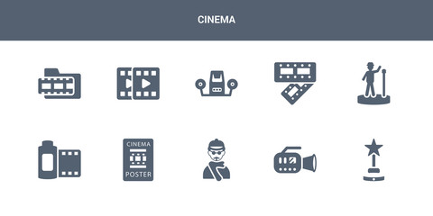 10 cinema vector icons such as film award, film camera, film director, poster, roll contains star, strip, viewer, filmstrip, footage. cinema icons