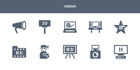10 cinema vector icons such as freeze frame, handicam, hd, hitman, hd movie contains hollywood star, home cinema, movie, movie billboard, film. cinema icons