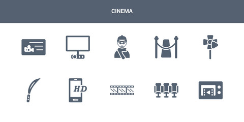 10 cinema vector icons such as movie player, movie theater, negative film, online movie, machete contains play, premiere, producer, projector screen, prompt box. cinema icons